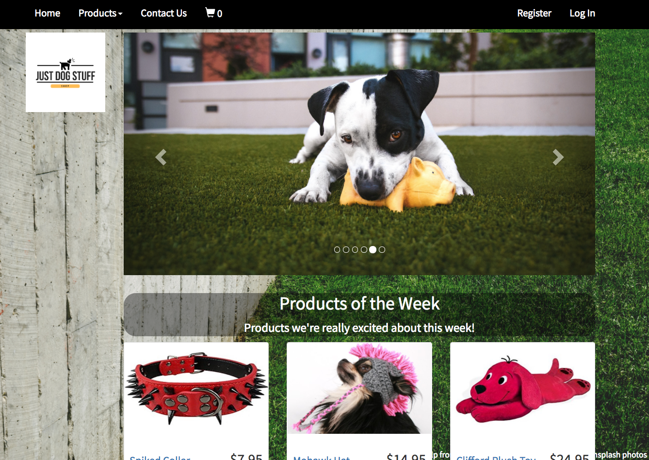 screenshot of Just Dog Stuff Shop home page