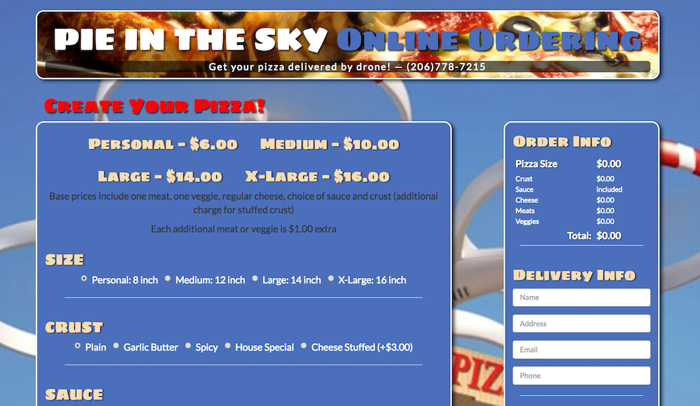 screenshot of final pizza project page