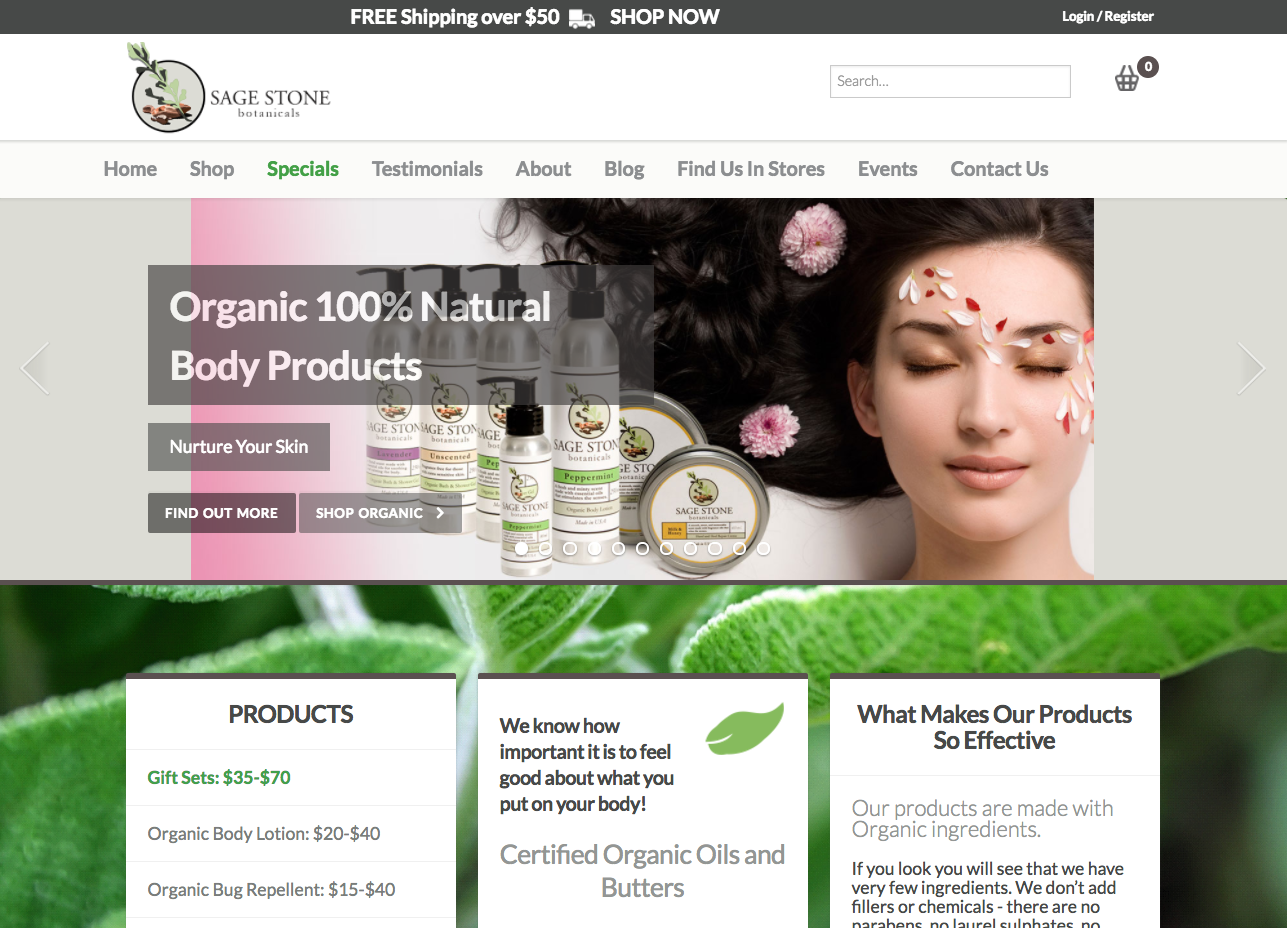 screenshot of sagestonebotanicals.com landing page